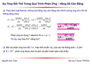 Sự Thay Đổi Thế Trong Quá Trình Phản Ứng – Hằng Số Cân Bằng
Đại học Y Dược TPHCM
 Theo định luật Nernst, những hệ thống này cân bằng nên thế E tương ứng với mỗi hệ
thống bằng nhau
q
q
o
p
p
oo
oo
qp
qp
oo
q
q
op
p
Kh
Ox
p
pq
pEEp
Kh
Ox
q
pq
qEEq
EE
K
pqEE
K
K
pqKhOx
OxKh
pq
EE
Kh
Ox
pq
E
Kh
Ox
pq
EE
][
][
lg
0591,0
][
][
lg
0591,0
0591,0
)(
lg
0591,0
)(
lg
lg
0591,0
][][
][][
lg
0591,0
][
][
lg
0591,0
][
][
lg
0591,0
2
22
1
11
0
21
21
21
2121
2
22
1
11
0











q
2
q
22
o
p
1
p
11
0
2
o
1
o
2
o
1
o
1
p
1
2
p
12
o
1
o
2
op
1
p
11
0
]Kh[
]Ox[
lgp
pq
0591,0
pEEp
]Kh[
]Ox[
lgq
pq
0591,0
qEEq
0591,0
)EE(
Klg
0591,0
pq)EE(
Klg
]Kh[]Ox[
]Ox[]Kh[
lg
pq
0591.0
EE
0
E
]Kh[
]Ox[
lg
pq
0591,0
EE










Phản ứng sử dụng 1 electron thì p = q = 1
Thí dụ: oxy hóa Fe2+ bằng Ce4+ 0591,0
)EE(
Klg
2
o
1
o 

 Đối với phản ứng trao đổi 1 e-, hiệu thế chuẩn E0 của các hệ thống phải  0,24V
 K  10-4 : phản ứng được xem là dịch chuyển hoàn toàn một chiều
Nguyễn Đức Tuấn
 