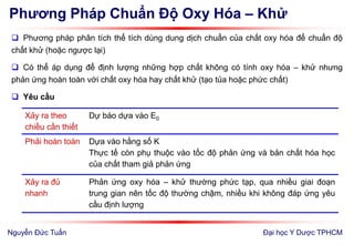 Phương Pháp Chuẩn Độ Oxy Hóa – Khử
Đại học Y Dược TPHCM
 Phương pháp phân tích thể tích dùng dung dịch chuẩn của chất oxy hóa để chuẩn độ
chất khử (hoặc ngược lại)
 Có thể áp dụng để định lượng những hợp chất không có tính oxy hóa – khử nhưng
phản ứng hoàn toàn với chất oxy hóa hay chất khử (tạo tủa hoặc phức chất)
 Yêu cầu
Xảy ra theo
chiều cần thiết
Dự báo dựa vào E0
Phải hoàn toàn Dựa vào hằng số K
Thực tế còn phụ thuộc vào tốc độ phản ứng và bản chất hóa học
của chất tham giả phản ứng
Xảy ra đủ
nhanh
Phản ứng oxy hóa – khử thường phức tạp, qua nhiều giai đoạn
trung gian nên tốc độ thường chậm, nhiều khi không đáp ứng yêu
cầu định lượng
Nguyễn Đức Tuấn
 