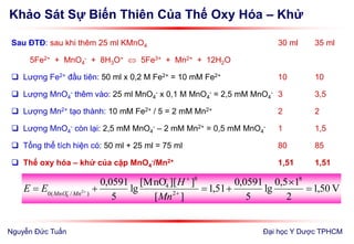 Khảo Sát Sự Biến Thiên Của Thế Oxy Hóa – Khử
Đại học Y Dược TPHCM
Sau ĐTĐ: sau khi thêm 25 ml KMnO4 30 ml 35 ml
5Fe2+ + MnO4
- + 8H3O+  5Fe3+ + Mn2+ + 12H2O
 Lượng Fe2+ đầu tiên: 50 ml x 0,2 M Fe2+ = 10 mM Fe2+ 10 10
 Lượng MnO4
- thêm vào: 25 ml MnO4
- x 0,1 M MnO4
- = 2,5 mM MnO4
- 3 3,5
 Lượng Mn2+ tạo thành: 10 mM Fe2+ / 5 = 2 mM Mn2+ 2 2
 Lượng MnO4
- còn lại: 2,5 mM MnO4
- – 2 mM Mn2+ = 0,5 mM MnO4
- 1 1,5
 Tổng thể tích hiện có: 50 ml + 25 ml = 75 ml 80 85
 Thế oxy hóa – khử của cặp MnO4
-/Mn2+ 1,51 1,51
V50,1
2
10,5
lg
5
0591,0
51,1
][
]][[MnO
lg
5
0591,0 8
2
8-
4
)/(0 2
4


 


Mn
H
EE MnMnO
Nguyễn Đức Tuấn
 