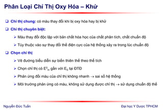 Phân Loại Chỉ Thị Oxy Hóa – Khử
Đại học Y Dược TPHCM
 Chỉ thị chung: có màu thay đổi khi bị oxy hóa hay bị khử
 Chỉ thị chuyên biệt:
 Màu thay đổi độc lập với bản chất hóa học của chất phân tích, chất chuẩn độ
 Tùy thuộc vào sự thay đổi thế điện cực của hệ thống xảy ra trong lúc chuẩn độ
 Chọn chỉ thị
 Vẽ đường biểu diễn sự biến thiên thế theo thể tích
 Chọn chỉ thị có E0
In gần với E0 tại ĐTĐ
 Phản ứng đổi màu của chỉ thị không nhanh  sai số hệ thống
 Môi trường phản ứng có màu, không sử dụng được chỉ thị  sử dụng chuẩn độ thế
Nguyễn Đức Tuấn
 