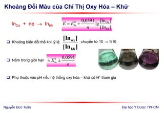 Khoảng Đổi Màu của Chỉ Thị Oxy Hóa – Khử
Đại học Y Dược TPHCM
 Khoảng biến đổi thế khi tỷ lệ
]In[
]In[
kh
ox chuyển từ 10  1/10
InOx + ne  InKh
][
][In
lg
0591,0 Ox0
Kh
In
Inn
EE 
 Nằm trong giới hạn
n
EIn
0591,00

 Phụ thuộc vào pH nếu hệ thống oxy hóa – khử có H+ tham gia
Nguyễn Đức Tuấn
 
