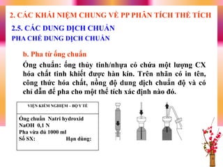 b. Pha từ ống chuẩn
Ống chuẩn: ống thủy tinh/nhựa có chứa một lƣợng CX
hóa chất tinh khiết đƣợc hàn kín. Trên nhãn có in tên,
công thức hóa chất, nồng độ dung dịch chuẩn độ và có
chỉ dẫn để pha cho một thể tích xác định nào đó.
2.5. CÁC DUNG DỊCH CHUẨN
PHA CHẾ DUNG DỊCH CHUẨN
2. CÁC KHÁI NIỆM CHUNG VỀ PP PHÂN TÍCH THỂ TÍCH
VIỆN KIỂM NGHIỆM – BỘ Y TẾ
Ống chuẩn Natri hydroxid
NaOH 0,1 N
Pha vừa đủ 1000 ml
Số SX: Hạn dùng:
 