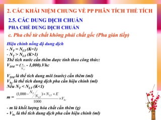 Hiệu chỉnh nồng độ dung dịch
- NT = NLT (K=1)
- NT > NLT (K>1)
Thể tích nước cần thêm được tính theo công thức:
VDM = ( - 1,000).Vhc
VDM là thể tích dung môi (nước) cần thêm (ml)
Vhc là thể tích dung dịch pha cần hiệu chỉnh (ml)
Nếu NT < NLT (K<1)
m =
- m là khối lượng hóa chất cần thêm (g)
- Vhc là thể tích dung dịch pha cần hiệu chỉnh (ml)
LT
T
N
N
hc
LT
LT
T
V
EN
N
N


1000
)000,1(
2.5. CÁC DUNG DỊCH CHUẨN
PHA CHẾ DUNG DỊCH CHUẨN
c. Pha chế từ chất không phải chất gốc (Pha gián tiếp)
2. CÁC KHÁI NIỆM CHUNG VỀ PP PHÂN TÍCH THỂ TÍCH
 