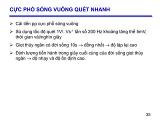 35
CỰC PHỔ SÓNG VUÔNG QUÉT NHANH
 Cải tiến pp cực phổ sóng vuông
 Sủ dụng tốc độ quét 1V Vs-1 tần số 200 Hz khoảng tăng thế 5mV,
thời gian vài/nghìn giây
 Giọt thủy ngân có đời sống 10s  đồng nhất  độ lặp lại cao
 Định lượng tiến hành trong giây cuối cùng của đời sống giọt thủy
ngân  dộ nhạy và độ ổn định cao.
35
 