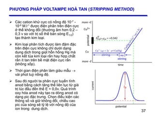 37
PHƯƠNG PHÁP VOLTAMPE HOÀ TAN (STRIPPING METHOD)
 Các cation khử cực có nồng độ 10-7 -
10-9 M.l-1 được điện phân trên điện cực
ở thế không đổi (thường âm hơn 0,2 –
0,3 v so với trị số thế bán sóng E1/2)
tạo thành kim loại.
 Kim loại phân tích được làm đậm đặc
trên điện cực không chỉ dưới dạng
dung dịch trong giọt hỗn hống Hg mà
còn kết tủa kim loại rắn hay hợp chất
rắn ít tan trên bề mặt điện cực rắn
(không xốp).
 Thời gian điện phân làm giàu mẫu 
vài phút tuỳ nồng độ.
 Sau đó người ta phân cực tuyến tính
anod bằng cách tăng thế liên tục từ giá
trị lúc đầu đến thế E = 0,0v. Quá trình
oxy hóa anod này tạo ra dòng anod có
dạng pic đặc trưng. Chọn điều kiện các
thông số và giữ không đổi, chiều cao
pic của sóng sẽ tỷ lệ với nồng độ của
ion trong dung dịch.
37
 