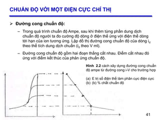 41
CHUẨN ĐỘ VỚI MỘT ĐIỆN CỰC CHỈ THỊ
 Đường cong chuẩn độ:
– Trong quá trình chuẩn độ Ampe, sau khi thêm từng phần dung dịch
chuẩn độ người ta đo cường độ dòng ở điện thế ứng với điện thế dòng
tới hạn của ion tương ứng. Lập đồ thị đường cong chuẩn độ của dòng id
theo thể tích dung dịch chuẩn (id theo V ml).
– Đường cong chuẩn độ gồm hai đoạn thẳng cắt nhau. Điểm cắt nhau đó
ứng với điểm kết thúc của phản ứng chuẩn độ.
41
Hình 2.2 cách xây dựng đường cong chuẩn
độ ampe từ đường cong i-V cho trường hợp
(a) E trị số điện thế làm phân cực điện cực
(b) (b) % chất chuẩn độ
 
