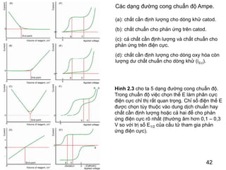 42
42
Các dạng đường cong chuẩn độ Ampe.
(a): chất cần định lượng cho dòng khử catod.
(b): chất chuẩn cho phản ứng trên catod.
(c): cả chất cần định lượng và chất chuẩn cho
phản ứng trên điện cực.
(d): chất cần định lượng cho dòng oxy hóa còn
lượng dư chất chuẩn cho dòng khử (id,c).
Hình 2.3 cho ta 5 dạng đường cong chuẩn độ.
Trong chuẩn độ việc chọn thế E làm phân cực
điện cực chỉ thị rất quan trọng. Chỉ số điện thế E
được chọn tùy thuộc vào dung dịch chuẩn hay
chất cần định lượng hoặc cả hai để cho phản
ứng điện cực rõ nhất (thường âm hơn 0,1 – 0,3
V so với trị số E1/2 của cấu tử tham gia phản
ứng điện cực).
 