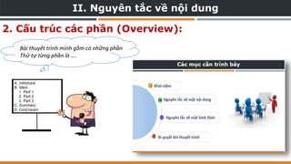 II. Nguyên tắc về nội dung
2. Cấu trúc các phần (Overview):
Bài thuyết trình mình gồm có những phần
Thứ tự từng phần là ….
 