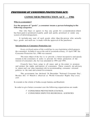 111
PROVISIONS OF CONSUMER PROTECTION ACT:
 