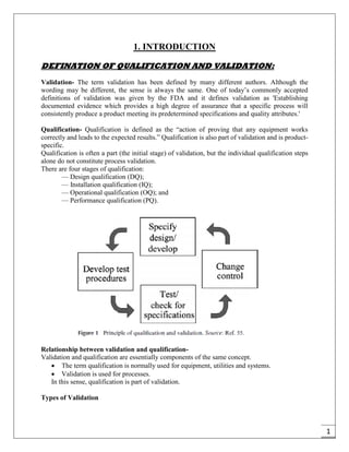 1
1. INTRODUCTION
DEFINATION OF QUALIFICATION AND VALIDATION:
Validation- The term validation has been defined by many different authors. Although the
wording may be different, the sense is always the same. One of today’s commonly accepted
definitions of validation was given by the FDA and it defines validation as 'Establishing
documented evidence which provides a high degree of assurance that a specific process will
consistently produce a product meeting its predetermined specifications and quality attributes.'
Qualification- Qualification is defined as the “action of proving that any equipment works
correctly and leads to the expected results.” Qualification is also part of validation and is product-
specific.
Qualification is often a part (the initial stage) of validation, but the individual qualification steps
alone do not constitute process validation.
There are four stages of qualification:
— Design qualification (DQ);
— Installation qualification (IQ);
— Operational qualification (OQ); and
— Performance qualification (PQ).
Relationship between validation and qualification-
Validation and qualification are essentially components of the same concept.
 The term qualification is normally used for equipment, utilities and systems.
 Validation is used for processes.
In this sense, qualification is part of validation.
Types of Validation
 