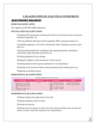 22
2. QUALIFICATION OF ANALYTICAL INSTRUMENTS
ELECTRONIC BALANCE:
DESIGN QUALIFICATION:
The supplier has ISO 9001:2000 certification.
INSTALLATION QUALIFICATION:
•Checking of all requirements set during the selection of instrument such as electricity,
humidity, temperature, etc.
•Allowing sufficient shelf space for the equipment, SOPs, operating manuals, etc.
•Comparing equipment, as received, with purchase order, including accessories, spare
parts, etc.
•Checking documentation for completeness like operating manuals, maintenance
instructions, health and safety instructions, etc.
•Checking equipment for any damage.
•Reading the supplier’s safety instructions, if there are any.
•Installing hardware following the manufacturer’s recommendation.
•Switching on the electronic balance and ensuring that all the modules power up.
•Preparing an installation report
OPERATIONAL QUALIFICATION:
PERFORMANCE QUALIFICATION:
•Defining weights and weight classes to be used.
•Defining acceptance limits of results.
•Defining test intervals.
•Defining corrective actions on what to do if the electronic balance does not meet the
criteria, in other words if the results are out of specification.
 
