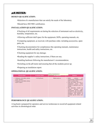 24
pH METER:
DESIGN QUALIFICATION:
•Selection of a manufacturer that can satisfy the needs of the laboratory.
•Should have ISO 9001 certification.
INSTALLATION QUALIFICATION:
•Checking of all requirements set during the selection of instrument such as electricity,
humidity, temperature, etc.
•Allowing sufficient shelf space for the equipment, SOPs, operating manuals, etc.
•Comparing equipment, as received, with purchase order, including accessories, spare
parts, etc.
•Checking documentation for completeness like operating manuals, maintenance
instructions, health and safety instructions, etc.
•Checking equipment for any damage.
•Reading the supplier’s safety instructions, if there are any.
•Installing hardware following the manufacturer’s recommendation.
•Switching on the pH meter and ensuring that all the modules power up.
•Preparing an installation report.
OPERATIONAL QUALIFICATION:
PERFORMANCE QUALIFICATION:
A log book is prepared for operators and service technicians to record all equipment related
activities in chronological order.
 
