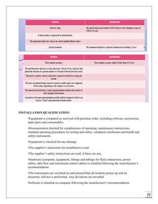 29
INSTALLATION QUALIFICATION:
•Equipment is compared as received with purchase order, including software, accessories,
spare parts and consumables.
•Documentation checked for completeness of operating, maintenance instructions,
standard operating procedures for testing and safety, validation certificates and health and
safety instruments.
•Equipment is checked for any damage.
•The supplier’s instruction for installation is read.
•The supplier’s safety instructions are read, if there are any.
•Hardware (computer, equipment, fittings and tubings for fluid connections, power
cables, data flow and instrument control cables) is installed following the manufacturer’s
recommendation.
•The instruments are switched on and ensured that all modules power up and an
electronic self-test is performed. Any deviations are recorded.
•Software is installed on computer following the manufacturer’s recommendation.
 