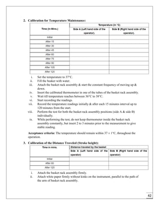 42
2. Calibration for Temperature Maintenance:
i. Set the temperature to 37°C.
ii. Fill the beaker with water.
iii. Attach the basket rack assembly & start the constant frequency of moving up &
down.
iv. Insert the calibrated thermometer in one of the tubes of the basket rack assembly.
v. Wait till temperature reaches between 36°C to 38°C.
vi. Start recording the readings.
vii. Record the temperature readings initially & after each 15 minutes interval up to
120 minutes from the start.
viii. Perform the test for both the basket rack assembly positions (side A & side B)
individually.
ix. While performing the test, do not keep thermometer inside the basket rack
assembly constantly, but insert 2 to 3 minutes prior to the measurement to give
stable reading.
Acceptance criteria: The temperature should remain within 37 ± 1°C, throughout the
operation.
3. Calibration of the Distance Traveled (Stroke height):
i. Attach the basket rack assembly firmly.
ii. Attach white paper firmly without kinks on the instrument, parallel to the path of
the arm of basket rack assembly.
 