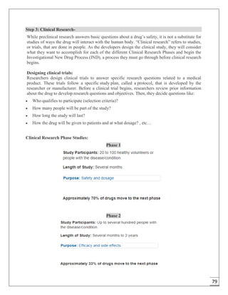 79
Step 3: Clinical Research-
While preclinical research answers basic questions about a drug’s safety, it is not a substitute for
studies of ways the drug will interact with the human body. “Clinical research” refers to studies,
or trials, that are done in people. As the developers design the clinical study, they will consider
what they want to accomplish for each of the different Clinical Research Phases and begin the
Investigational New Drug Process (IND), a process they must go through before clinical research
begins.
Designing clinical trials:
Researchers design clinical trials to answer specific research questions related to a medical
product. These trials follow a specific study plan, called a protocol, that is developed by the
researcher or manufacturer. Before a clinical trial begins, researchers review prior information
about the drug to develop research questions and objectives. Then, they decide questions like:
 Who qualifies to participate (selection criteria)?
 How many people will be part of the study?
 How long the study will last?
 How the drug will be given to patients and at what dosage? , etc…
Clinical Research Phase Studies:
Phase 1
Phase 2
 