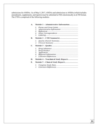 84
submissions for ANDAs. As of May 5, 2017, ANDAs and submissions to ANDAs (which includes
amendments, supplements, and reports) must be submitted to FDA electronically in eCTD format.
The CTD is comprised of the following modules-
 