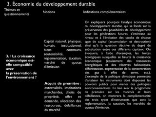 Thèmes et
questionnements
Notions Indications complémentaires
3.1 La croissance
économique est-
elle compatible
avec
la préservation de
l'environnement ?
Capital naturel, physique,
humain, institutionnel,
biens communs,
soutenabilité,
réglementation, taxation,
marché de quotas
d’émission
On expliquera pourquoi l’analyse économique
du développement durable, qui se fonde sur la
préservation des possibilités de développement
pour les générations futures, s’intéresse au
niveau et à l’évolution des stocks de chaque
type de capital (accumulation et destruction)
ainsi qu’à la question décisive du degré de
substitution entre ces différents capitaux. On
évoquera, à l’aide d’exemples, les limites
écologiques auxquelles se heurte la croissance
économique (épuisement des ressources
énergétiques et des réserves halieutiques,
déforestation, augmentation de la concentration
des gaz à effet de serre, etc.).
L’exemple de la politique climatique permettra
d’analyser les instruments dont disposent les
pouvoirs publics pour mener des politiques
environnementales. En lien avec le programme
de première sur les marchés et leurs
défaillances, on montrera la complémentarité
des trois types d’instruments que sont la
réglementation, la taxation, les marchés de
quotas d’émission.
3. Économie du développement durable
Acquis de première :
externalités, institutions
marchandes, droits de
propriété, offre et
demande, allocation des
ressources, défaillances
du marché
 