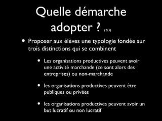 Quelle démarche
adopter ? (2/3)
• Proposer aux élèves une typologie fondée sur
trois distinctions qui se combinent
• Les organisations productives peuvent avoir
une activité marchande (ce sont alors des
entreprises) ou non-marchande
• les organisations productives peuvent être
publiques ou privées
• les organisations productives peuvent avoir un
but lucratif ou non lucratif
 