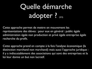 Cette approche permet de mettre en mouvement les
représentations des élèves : pour eux en général : public égale
administration égale non production et privé égale entreprise égale
recherche du profit.
Cette approche prend en compte à la fois l’analyse économique (la
distinction marchand non marchand) mais aussi l’approche juridique :
il y a indiscutablement des associations qui sont des entreprises et la
loi leur donne un but non lucratif.
Quelle démarche
adopter ? (3/3)
 