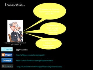 3 casquettes...
Professeur de Sciences
Économiques et Sociales
(depuis 1981)
Professeur en
temps partagé à
l'IUFM/ESPÉ
(depuis 2006)
Président du CRAP-
Cahiers
Pédagogiques
(depuis 2008)
https://www.facebook.com/philippe.watrelot
@phwatrelot@phwatrelot
http://philippe-watrelot.blogspot.fr
expert en rien, spécialiste en tout
(ou l'inverse...)
http://fr.slideshare.net/PhilippeWatrelot/presentations
 