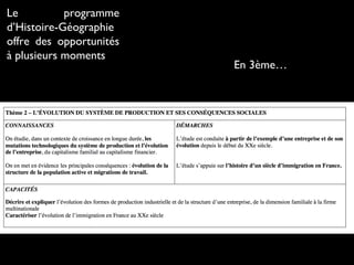 Le programme
d’Histoire-Géographie
offre des opportunités
à plusieurs moments
En 3ème…
 