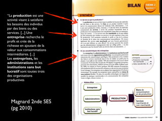 “La production est une
activité visant à satisfaire
les besoins des individus
par des biens ou des
services. [...] Une
entreprise recherche le
profit et crée de la
richesse en ajoutant de la
valeur aux consommations
intermédiaires. [...] 
Les entreprises, les
administrations et les
institutions sans but
lucratif sont toutes trois
des organisations
productives
Magnard 2nde SES
(pg 2010)
 