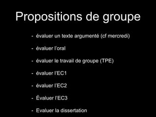 Propositions de groupe
- évaluer un texte argumenté (cf mercredi)
- évaluer l’oral
- évaluer le travail de groupe (TPE)
- évaluer l’EC1
- évaluer l’EC2
- Évaluer l’EC3
- Evaluer la dissertation
 