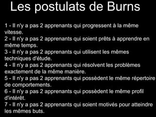 Les postulats de Burns
1 - Il n'y a pas 2 apprenants qui progressent à la même
vitesse.
2 - Il n'y a pas 2 apprenants qui soient prêts à apprendre en
même temps.
3 - Il n'y a pas 2 apprenants qui utilisent les mêmes
techniques d'étude.
4 - Il n'y a pas 2 apprenants qui résolvent les problèmes
exactement de la même manière.
5 - Il n'y a pas 2 apprenants qui possèdent le même répertoire
de comportements.
6 - Il n'y a pas 2 apprenants qui possèdent le même profil
d'intérêt.
7 - Il n'y a pas 2 apprenants qui soient motivés pour atteindre
les mêmes buts.
 