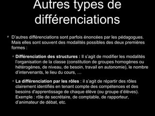 D’autres différenciations sont parfois énoncées par les pédagogues.
Mais elles sont souvent des modalités possibles des deux premières
formes :
Différenciation des structures : Il s’agit de modifier les modalités
l’organisation de la classe (constitution de groupes homogènes ou
hétérogènes, de niveau, de besoin, travail en autonomie), le nombre
d’intervenants, le lieu du cours, …
La différenciation par les rôles : il s’agit de répartir des rôles
clairement identifiés en tenant compte des compétences et des
besoins d'apprentissage de chaque élève (ou groupe d’élèves).
Exemple : rôle de secrétaire, de comptable, de rapporteur,
d’animateur de débat, etc.
Autres types de
différenciations
 