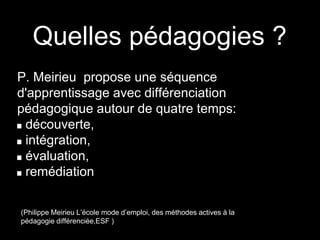 Quelles pédagogies ?
P. Meirieu propose une séquence
d'apprentissage avec différenciation
pédagogique autour de quatre temps:
découverte,
intégration,
évaluation,
remédiation
(Philippe Meirieu L’école mode d’emploi, des méthodes actives à la
pédagogie différenciée,ESF )
 