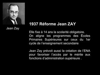 Jean Zay
1937 Réforme Jean ZAY
Elle fixe à 14 ans la scolarité obligatoire.
On aligne les programmes des Écoles
Primaires Supérieures sur ceux du 1er
cycle de l’enseignement secondaire
Jean Zay prévoit aussi la création de l’ENA
pour favoriser l’accès par le mérite aux
fonctions d’administration supérieure .
 