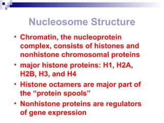 Nucleosome Structure 
• Chromatin, the nucleoprotein 
complex, consists of histones and 
nonhistone chromosomal proteins 
• major histone proteins: H1, H2A, 
H2B, H3, and H4 
• Histone octamers are major part of 
the “protein spools” 
• Nonhistone proteins are regulators 
of gene expression 
 