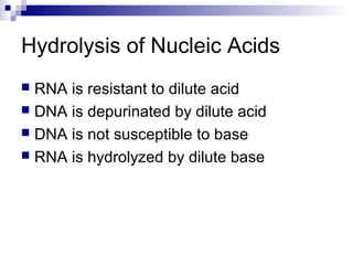 Hydrolysis of Nucleic Acids 
 RNA is resistant to dilute acid 
 DNA is depurinated by dilute acid 
 DNA is not susceptible to base 
 RNA is hydrolyzed by dilute base 
 