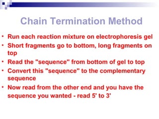 Chain Termination Method 
• Run each reaction mixture on electrophoresis gel 
• Short fragments go to bottom, long fragments on 
top 
• Read the "sequence" from bottom of gel to top 
• Convert this "sequence" to the complementary 
sequence 
• Now read from the other end and you have the 
sequence you wanted - read 5' to 3' 
 