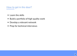 How to get in the door?
Learn the skills
Build a portfolio of high quality work
Develop a relevant network
Prep for technical interviews
30
 