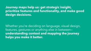 Journey maps help us: get strategic insight,
prioritize features and functionality, and make good
design decisions.
Whether you’re deciding on language, visual design,
features, gestures or anything else in between—
understanding context and mapping the journey
helps you make it better.
 