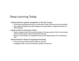 Deep	Learning	Today
• Advancement	in	speech	recognition	in	the	last	2	years
• A	few	long-standing	performance	records	were	broken	with	deep	learning	methods
• Microsoft	and	Google	have	both	deployed	DL-based	speech	recognition	systems	in	
their	products
• Advancement	in	Computer	Vision
• Feature	engineering	is	the	bread-and-butter	of	a	large	portion	of	the	CV	community,	
which	creates	some	resistance	to	feature	learning
• But	the	record	holders	on	ImageNet	and	Semantic	Segmentation	are	convolutional	
nets
• Advancement	in	Natural	Language	Processing
• Fine-grained	sentiment	analysis,	syntactic	parsing
• Language	model,	machine	translation,	question	answering
11
 