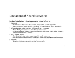 Limitations	of	Neural	Networks
Random	initialization	 +	densely	connected	networks	lead	to:
• High	cost
• Each	neuron	in	the	neural	network	can	be	considered	as	a	logistic	regression.
• Training	the	entire	neural	network	is	to	train	all	the	interconnected	logistic	regressions.
• Difficult	to	train	as	the	number	of	hidden	layers	increases
• Recall	that	logistic	regression	is	trained	by	gradient	descent.
• In	backpropagation,	gradient	is	progressively	getting	more	dilute.	That	is,	below	top	layers,	
the	correction	signal	𝛿" is	minimal.
• Stuck	in	local	optima
• The	objective	function	of	the	neural	network	is	usually	not	convex.
• The	random	initialization	does	not	guarantee	starting	from	the	proximity	of	global	optima.
• Solution:
• Deep	Learning/Learning	multiple	levels	of	representation
22
 