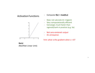 28
Activation	Functions
ReLU
(Rectified	Linear	Unit)
- Computes	f(x)	=	max(0,x)
- Does	not	saturate	(in	+region)
- Very	computationally	efficient
- Converges	much	faster	than	
sigmoid/tanh	in	practice	(e.g.	6x)
- Not	zero-centered	output
- An	annoyance:
hint:	what	is	the	gradient	when	x	<	0?
 