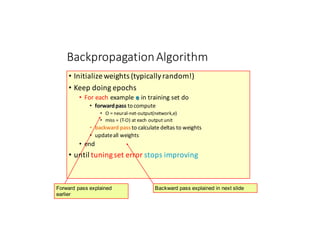 Backpropagation	Algorithm
• Initialize	weights	(typically	random!)
• Keep	doing	epochs
• For	each example	e in	training	set	do
• forward	pass to	compute
• O	=	neural-net-output(network,e)
• miss	=	(T-O)	at	each	output	unit	
• backward	passto	calculate	deltas	to	weights
• update	all	weights
• end
• until	tuning	set	error stops	improving
Backward pass explained in next slideForward pass explained
earlier
 