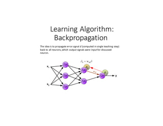 Learning	Algorithm:
Backpropagation
The	idea	is	to	propagate	error	signal d (computed	in	single	teaching	step)	
back	to	all	neurons,	which	output	signals	were	input	for	discussed	
neuron.
 