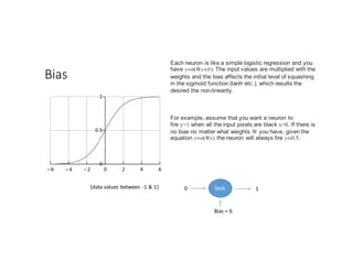 Bias
Each neuron is like a simple logistic regression and you
have y=σ(Wx+b). The input values are multiplied with the
weights and the bias affects the initial level of squashing
in the sigmoid function (tanh etc.), which results the
desired the non-linearity.
For example, assume that you want a neuron to
fire y≈1 when all the input pixels are black x≈0. If there is
no bias no matter what weights W you have, given the
equation y=σ(Wx) the neuron will always fire y≈0.5.
Tanh0
Bias	=	6
1[data	values	between	-1	&	1]
 