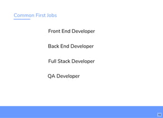 Common First Jobs
Front End Developer
Back End Developer
Full Stack Developer
QA Developer
15
 