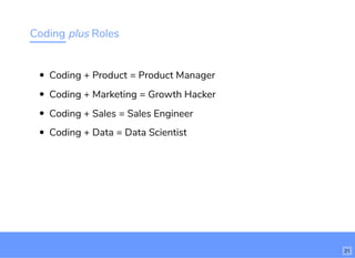 Coding plus Roles
Coding + Product = Product Manager
Coding + Marketing = Growth Hacker
Coding + Sales = Sales Engineer
Coding + Data = Data Scientist
21
 