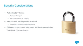 Security Considerations
● Authentication Options
○ Named Principal
○ Per user (based on source)
● Record Level Security based on source
○ Salesforce sharing rules unavailable
● Still need to grant users object- and field-level access to the
Salesforce External Objects
 