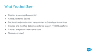 What You Just Saw
● Created a successful connection
● Added 2 external objects
● Displayed and manipulated external data in Salesforce in real time
● Created and modified data in an external system FROM Salesforce
● Created a report on the external data
● No code required!
 