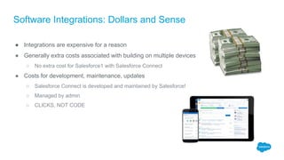 Software Integrations: Dollars and Sense
● Integrations are expensive for a reason
● Generally extra costs associated with building on multiple devices
○ No extra cost for Salesforce1 with Salesforce Connect
● Costs for development, maintenance, updates
○ Salesforce Connect is developed and maintained by Salesforce!
○ Managed by admin
○ CLICKS, NOT CODE
 