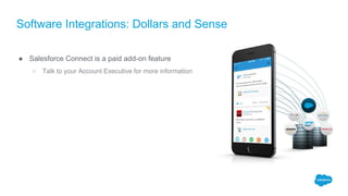Software Integrations: Dollars and Sense
● Salesforce Connect is a paid add-on feature
○ Talk to your Account Executive for more information
 