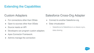 Extending the Capabilities
Custom Adapters
● For connections other than OData
● Open to sources other than OData
● Source needs an API
● Developers can program custom adapters
● Apex Connector Framework
● Admins manage the connection
Salesforce Cross-Org Adapter
● Connect to another Salesforce org
● Data virtualization
○ Salesforce to Salesforce is a classic sync,
data sharing
 