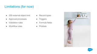 Limitations (for now)
● 200 external object limit
● Approval processes
● Validation rules
● Workflow rules
● Record types
● Triggers
● Formula fields
● Picklists
 